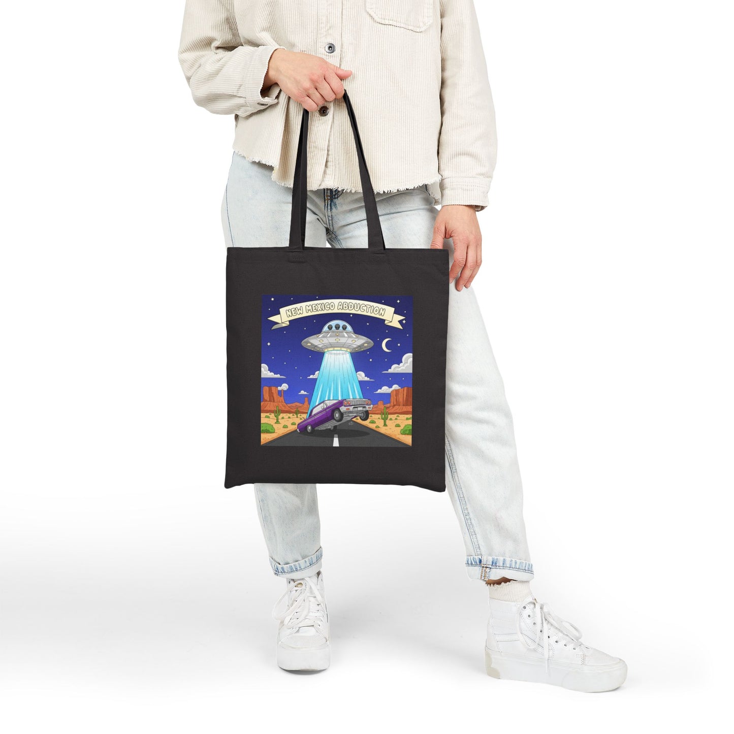 UFO Abducting Lowrider in New Mexico - Cotton Canvas Tote