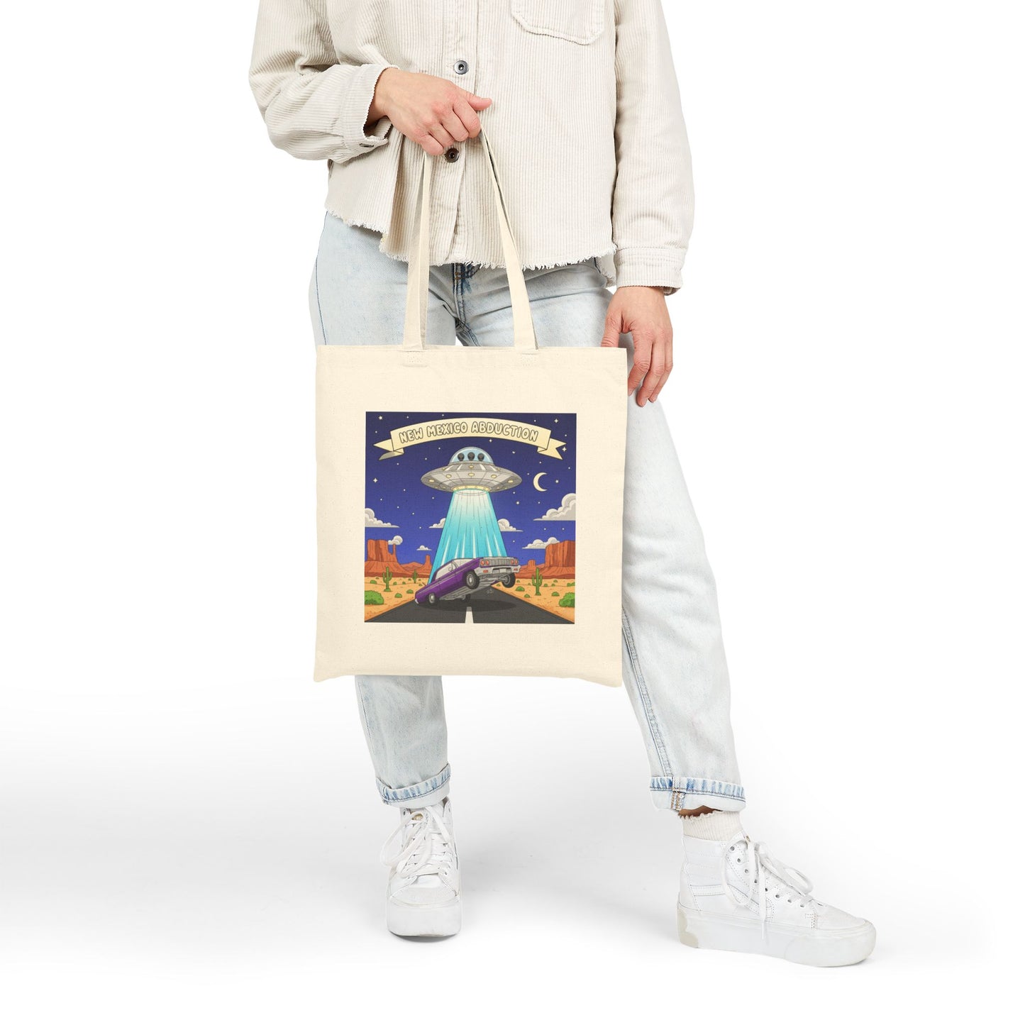 UFO Abducting Lowrider in New Mexico - Cotton Canvas Tote