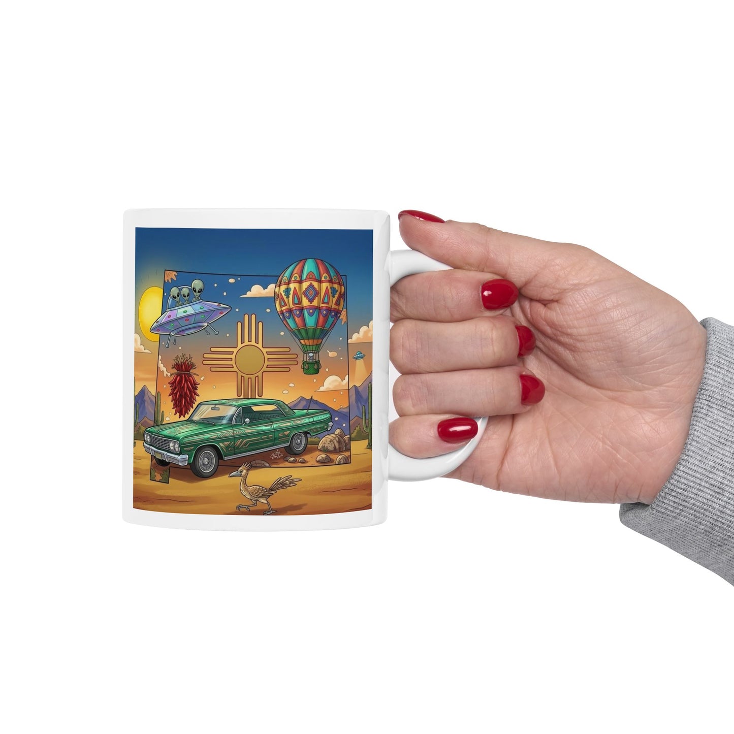 New Mexico State Lowrider Art- Ceramic Mug Coffee Cup (11oz)