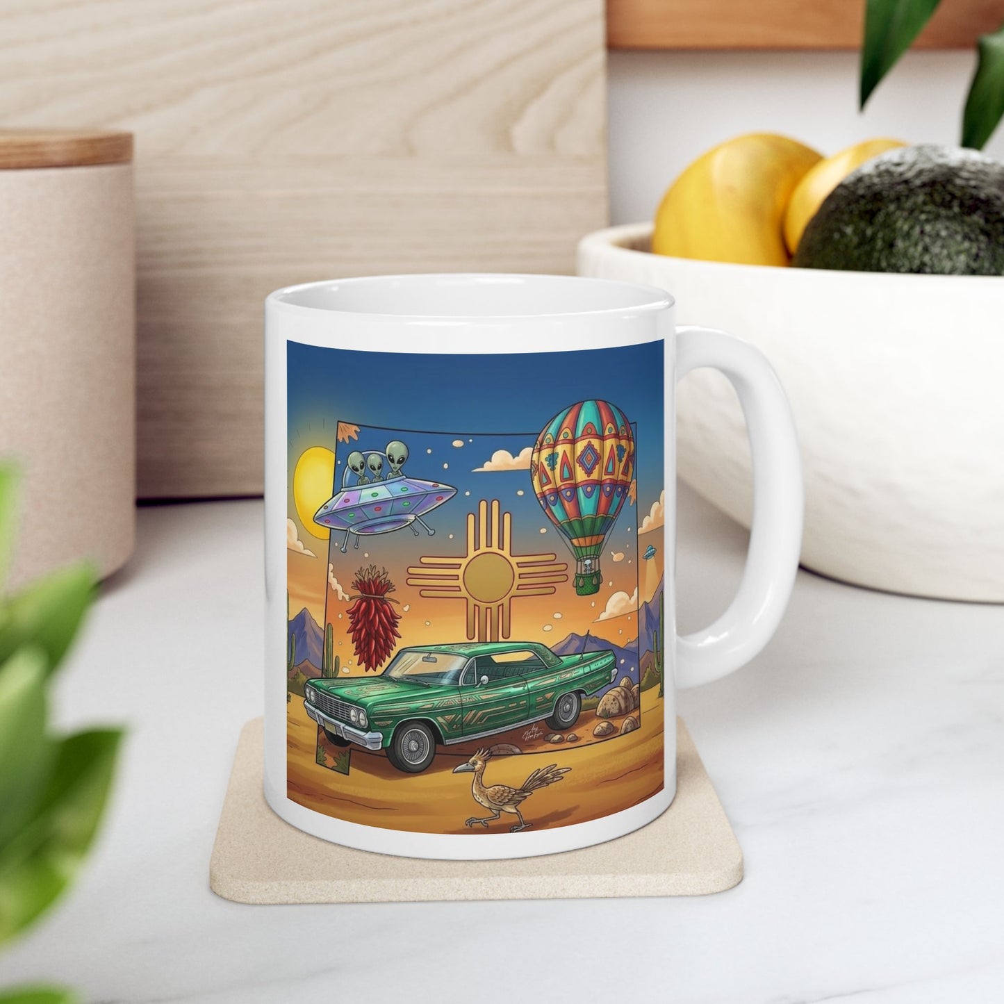 New Mexico State Lowrider Art- Ceramic Mug Coffee Cup (11oz)