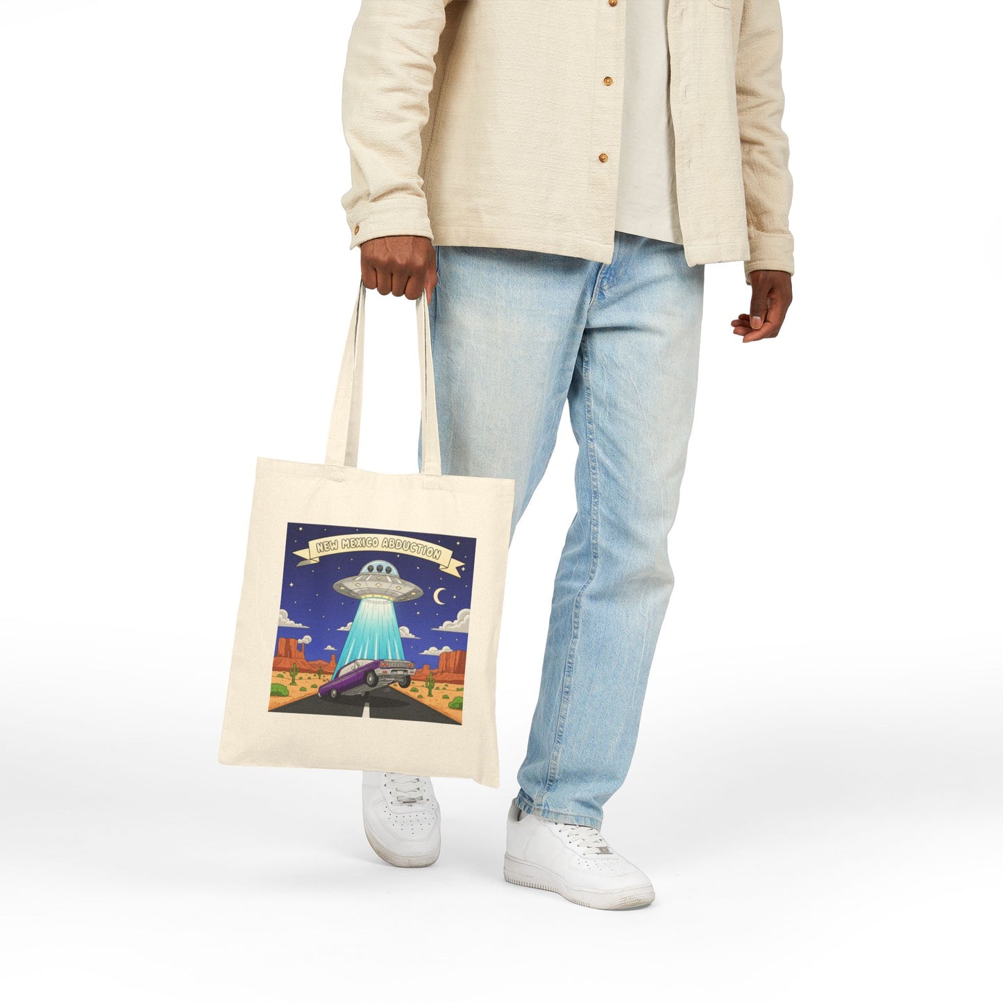 UFO Abducting Lowrider in New Mexico - Cotton Canvas Tote