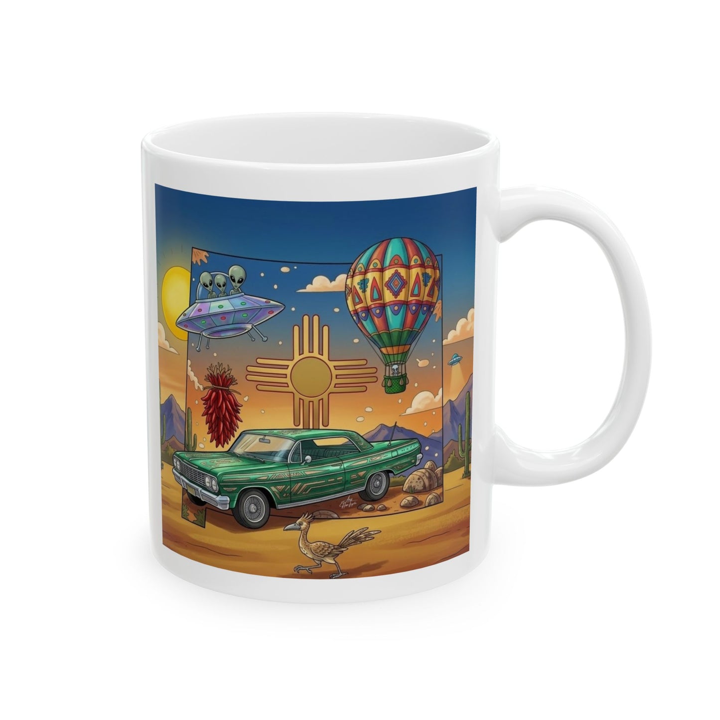 New Mexico State Lowrider Art- Ceramic Mug Coffee Cup (11oz)